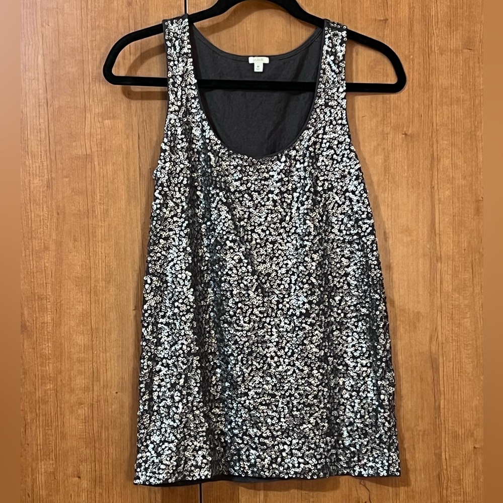 J Crew Sequin Scoop Neck Tank Top Drapey Gray Pewter Cotton Linen Size M